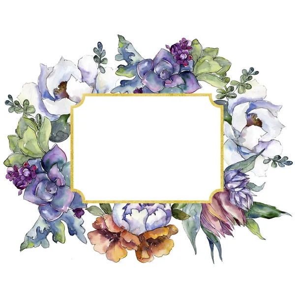 Bouquets flores botânicas florais. Conjunto de ilustração de fundo aquarela. Quadro borda ornamento quadrado . — Fotografia de Stock