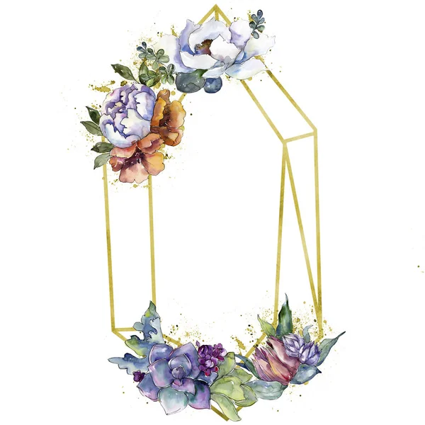 花束花植物花。水彩背景插图集。框架边框装饰正方形. — 图库照片