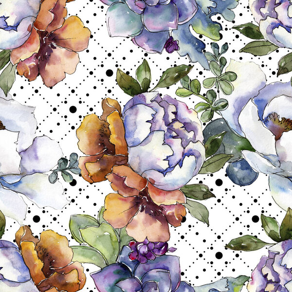 Bouquets floral botanical flowers. Watercolor background illustration set. Seamless background pattern.