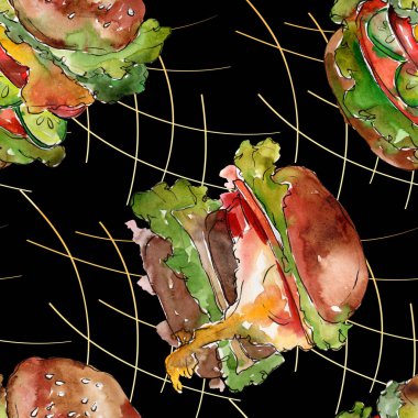 Hamburger suluboya tarzında. Suluboya lokanta illüstrasyon öğesi. Sorunsuz arka plan deseni.