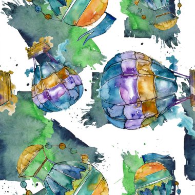 Sıcak hava balon arka plan fly hava taşımacılığı. Suluboya arka plan ayarlamak. Sorunsuz arka plan deseni.