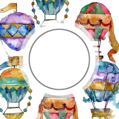 Sıcak hava balon arka plan fly hava taşımacılığı. Suluboya arka plan illüstrasyon küme. Çerçeve kenarlığı süsleme Meydanı.