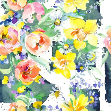 Pembe buket çiçek botanik çiçek gül. Suluboya arka plan illüstrasyon küme. Sorunsuz arka plan deseni.