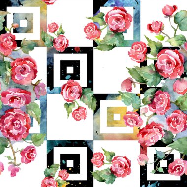 Kırmızı gül buketi çiçek botanik çiçekler. Suluboya arka plan illüstrasyon küme. Sorunsuz arka plan deseni.