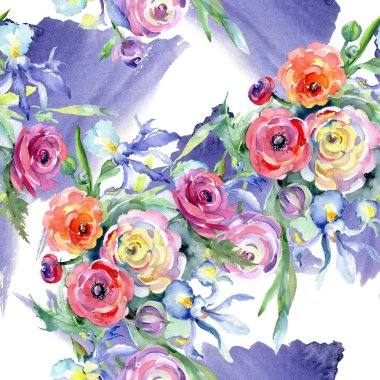 Pembe ve kırmızı buket çiçek botanik çiçekler. Suluboya arka plan illüstrasyon küme. Sorunsuz arka plan deseni.