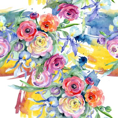 Pembe ve kırmızı buket çiçek botanik çiçekler. Suluboya arka plan illüstrasyon küme. Sorunsuz arka plan deseni.