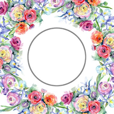 Pembe ve kırmızı buket çiçek botanik çiçekler. Suluboya arka plan illüstrasyon küme. Çerçeve kenarlığı süsleme Meydanı.