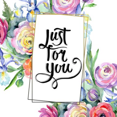 Pembe ve kırmızı buket botanik çiçek. Suluboya arka plan illüstrasyon küme. Çerçeve kenarlığı kristal süsleme Meydanı.