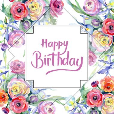 Pembe ve kırmızı buket çiçek botanik çiçekler. Suluboya arka plan illüstrasyon küme. Çerçeve kenarlığı süsleme Meydanı.