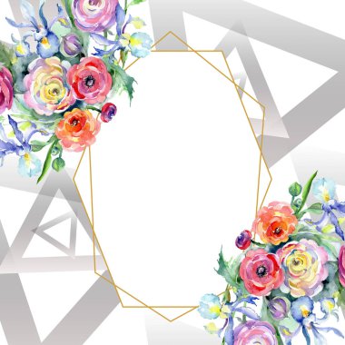 Pembe ve kırmızı buket botanik çiçek. Suluboya arka plan illüstrasyon küme. Çerçeve kenarlığı kristal süsleme Meydanı.