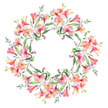 Pembe alstroemeria buket botanik çiçek. Suluboya arka plan illüstrasyon küme. Çerçeve kenarlığı süsleme Meydanı.