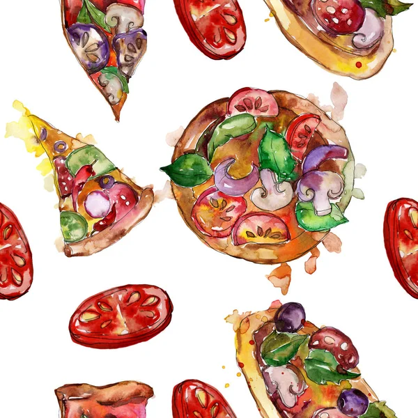 वॉटरकलर शैलीत वेगवान अन्न इटालियन पिझ्झा वेगळ्या सेटमध्ये. जल रंग अखंड पार्श्वभूमी नमुना . — स्टॉक फोटो, इमेज