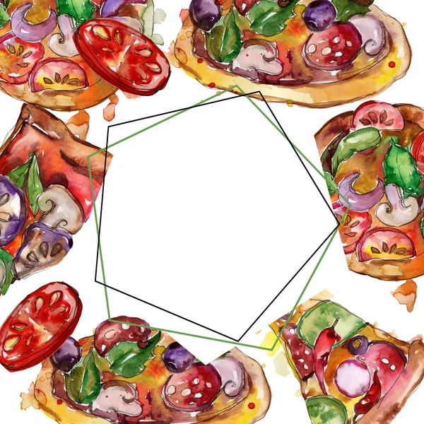 Fast food pizza italiana em um conjunto de estilo aquarela. Aquarela desenhada à mão fundo. Quadro borda ornamento quadrado . — Fotografia de Stock