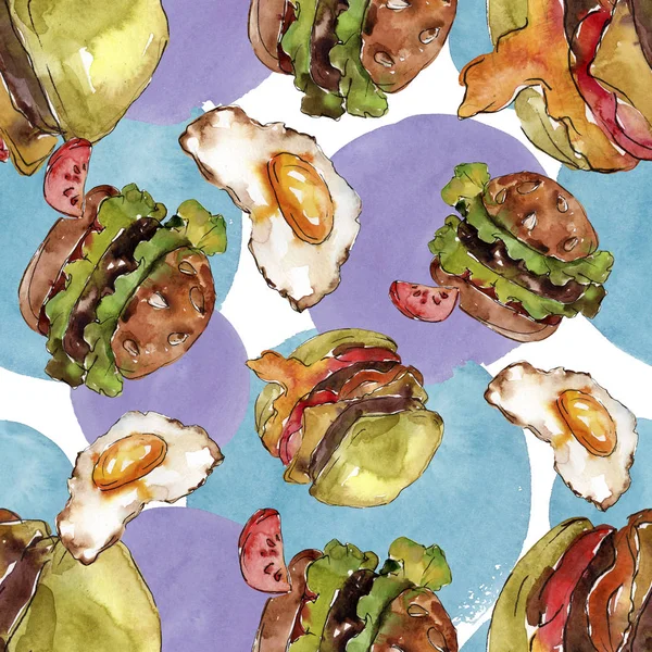 수채화 스타일에서 햄버거입니다. 수채화 패스트 푸드 그림 요소입니다. 원활한 배경 패턴. — 스톡 사진