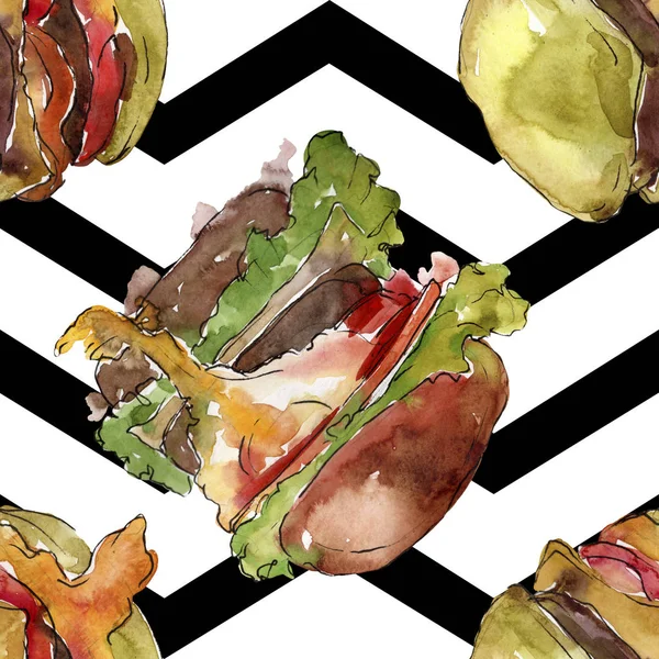 Hambúrguer em estilo aquarela. Watercolor fast food elemento ilustração. Padrão de fundo sem costura . — Fotografia de Stock
