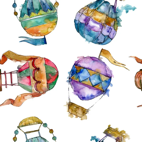 Hot air balloon background fly air transport. Watercolor background set. Seamless background pattern.