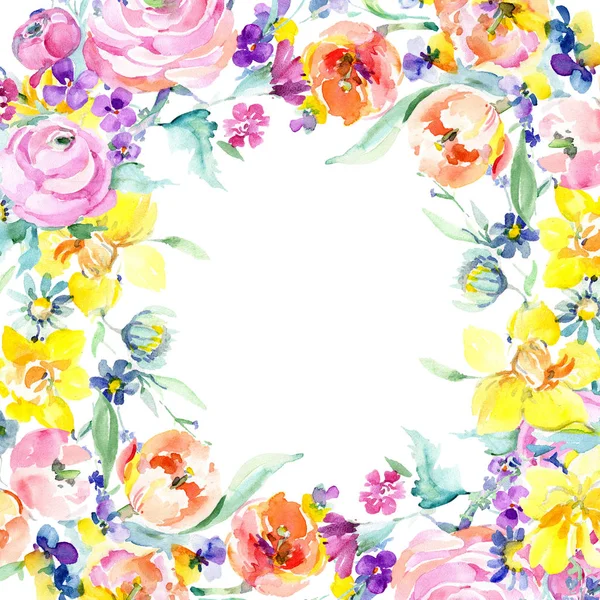Roze roos boeket bloemen botanische bloemen. Aquarel achtergrond afbeelding instellen. Frame grens ornament vierkant. — Stockfoto