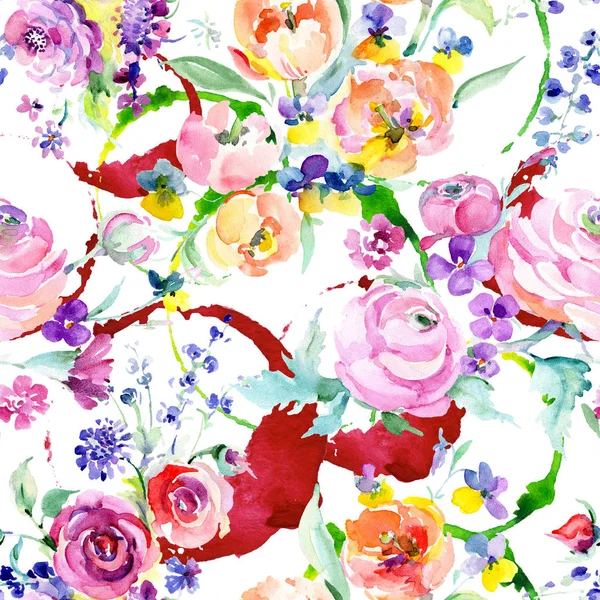 Rosa rosa ramo de flores botánicas florales. Conjunto de ilustración de fondo acuarela. Patrón de fondo sin costuras . —  Fotos de Stock