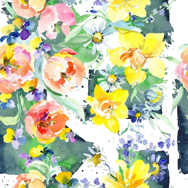 핑크 장미 꽃다발 꽃 식물 꽃. 수채화 배경 그림 설정 합니다. 원활한 배경 패턴. — 스톡 사진