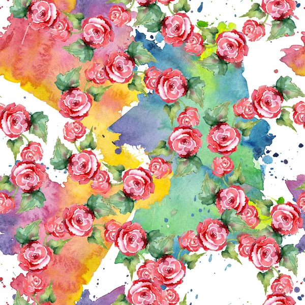 赤いバラの花束花植物の花。水彩画背景イラスト セット。シームレスな背景パターン. — ストック写真