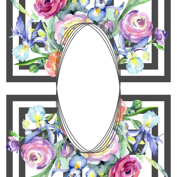 粉红色和红色花束花卉植物花。水彩背景插图集。框架边框装饰正方形. — 图库照片
