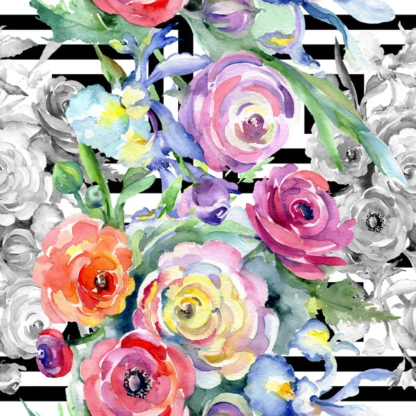 Floral βοτανικό λουλούδια μπουκέτο με ροζ και κόκκινα. Ακουαρέλα φόντο εικόνα σύνολο. Απρόσκοπτη υπόβαθρο μοτίβο. — Φωτογραφία Αρχείου