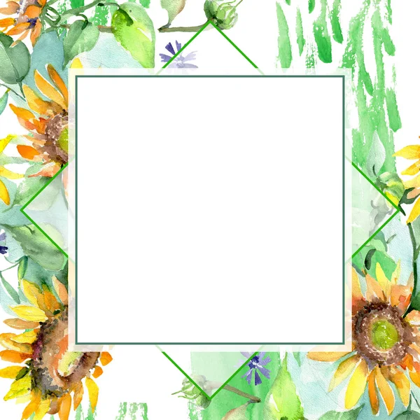 Buquê de girassol flores botânicas florais. Conjunto de ilustração de fundo aquarela. Quadro borda ornamento quadrado . — Fotografia de Stock