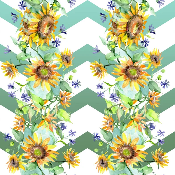 Ανθοδέσμη με ήλιους floral βοτανικό λουλούδια. Ακουαρέλα φόντο εικόνα σύνολο. Απρόσκοπτη υπόβαθρο μοτίβο. — Φωτογραφία Αρχείου