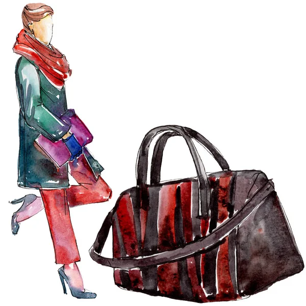 Handtasche und Frau skizzieren Glamour-Illustrationen im Aquarell-Stil als isoliertes Element. Aquarell Hintergrund Set. — Stockfoto