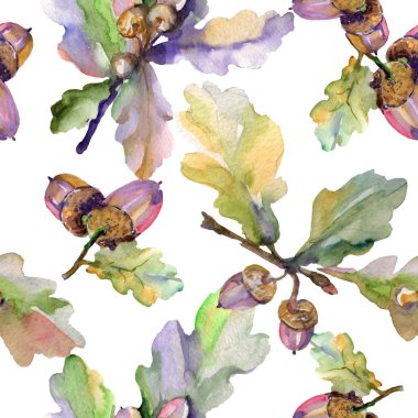 Meşe palamudu yeşil yaprakları ve fındık. Yaprak bitki botanik çiçek yaprakları. Suluboya resim kümesi. Suluboya çizim moda aquarelle. Sorunsuz arka plan deseni. Kumaş duvar kağıdı yazdırma doku.