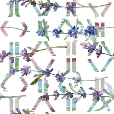 Mor lavanta botanik çiçek. Vahşi bahar yaprak kır çiçeği. Suluboya resim kümesi. Suluboya çizim moda aquarelle. Sorunsuz arka plan deseni. Kumaş duvar kağıdı yazdırma doku.