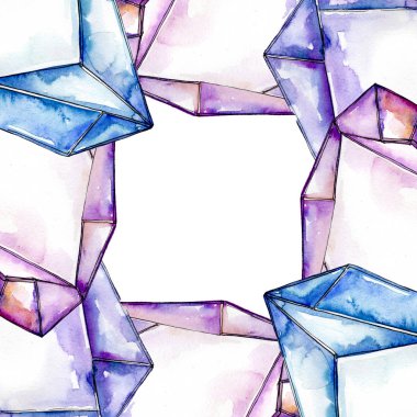 Renkli taş takı mineraller. Geometrik çokgen kristal taş. Suluboya resim kümesi. Suluboya çizim aquarelle izole. Çerçeve kenarlığı süsleme Meydanı.