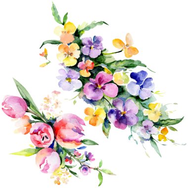 Buketler çiçek botanik çiçekler. Vahşi bahar yaprak izole kır çiçeği. Suluboya arka plan illüstrasyon küme. Suluboya çizim moda aquarelle izole. İzole buket illüstrasyon öğesi.