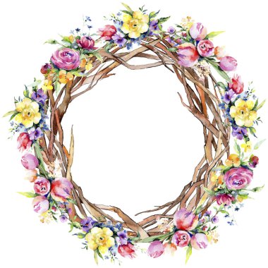 Buketler çiçek botanik çiçekler. Vahşi bahar yaprak izole kır çiçeği. Suluboya arka plan illüstrasyon küme. Suluboya çizim moda aquarelle izole. Çerçeve kenarlığı süsleme Meydanı.