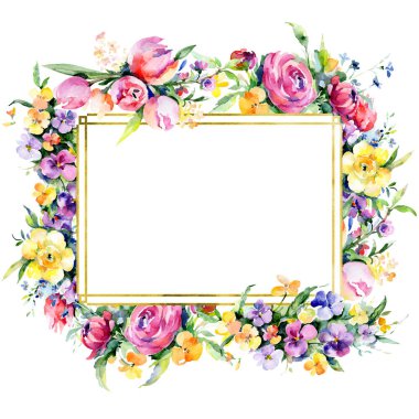 Buketler çiçek botanik çiçekler. Vahşi bahar yaprak izole kır çiçeği. Suluboya arka plan illüstrasyon küme. Suluboya çizim moda aquarelle izole. Çerçeve kenarlığı süsleme Meydanı.