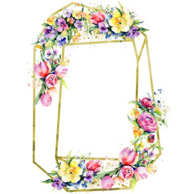 Buketler çiçek botanik çiçekler. Vahşi bahar yaprak izole kır çiçeği. Suluboya arka plan illüstrasyon küme. Suluboya çizim moda aquarelle izole. Çerçeve kenarlığı süsleme Meydanı.