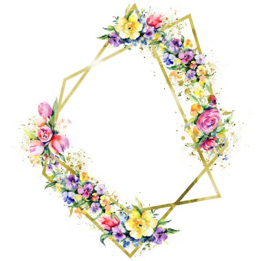 Buketler çiçek botanik çiçekler. Vahşi bahar yaprak izole kır çiçeği. Suluboya arka plan illüstrasyon küme. Suluboya çizim moda aquarelle izole. Çerçeve kenarlığı süsleme Meydanı.