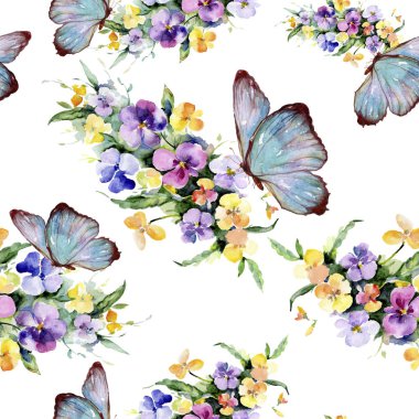 Buketler çiçek botanik çiçekler. Vahşi bahar yaprak kır çiçeği. Suluboya resim kümesi. Suluboya çizim moda aquarelle. Sorunsuz arka plan deseni. Kumaş duvar kağıdı yazdırma doku.