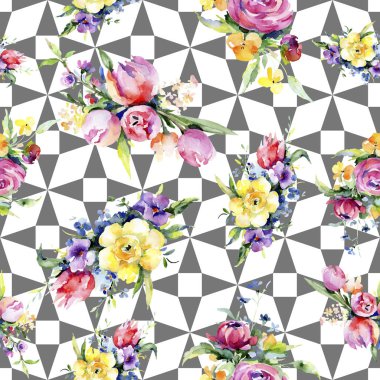 Buketler çiçek botanik çiçekler. Vahşi bahar yaprak kır çiçeği. Suluboya resim kümesi. Suluboya çizim moda aquarelle. Sorunsuz arka plan deseni. Kumaş duvar kağıdı yazdırma doku.