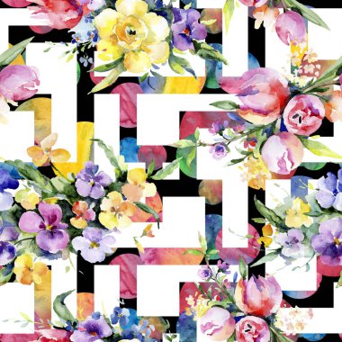 Buketler çiçek botanik çiçekler. Vahşi bahar yaprak kır çiçeği. Suluboya resim kümesi. Suluboya çizim moda aquarelle. Sorunsuz arka plan deseni. Kumaş duvar kağıdı yazdırma doku.