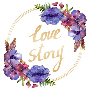Mavi mor buket çiçek botanik çiçekler. Vahşi bahar yaprak izole kır çiçeği. Suluboya arka plan illüstrasyon küme. Suluboya çizim moda aquarelle. Çerçeve kenarlığı süsleme Meydanı.
