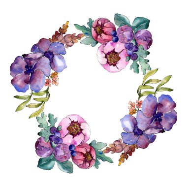 Mavi mor buket çiçek botanik çiçekler. Vahşi bahar yaprak izole kır çiçeği. Suluboya arka plan illüstrasyon küme. Suluboya çizim moda aquarelle. Çerçeve kenarlığı süsleme Meydanı.