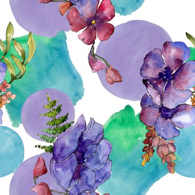 Mavi mor buket botanik çiçek. Vahşi bahar yaprak kır çiçeği. Suluboya resim kümesi. Suluboya çizim moda aquarelle. Sorunsuz arka plan deseni. Kumaş duvar kağıdı yazdırma doku.