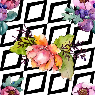 Mavi mor buket botanik çiçek. Vahşi bahar yaprak kır çiçeği. Suluboya resim kümesi. Suluboya çizim moda aquarelle. Sorunsuz arka plan deseni. Kumaş duvar kağıdı yazdırma doku.