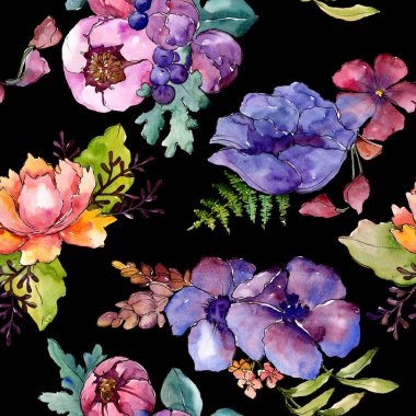 Mavi mor buket botanik çiçek. Vahşi bahar yaprak kır çiçeği. Suluboya resim kümesi. Suluboya çizim moda aquarelle. Sorunsuz arka plan deseni. Kumaş duvar kağıdı yazdırma doku.