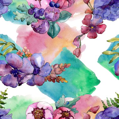 Mavi mor buket botanik çiçek. Vahşi bahar yaprak kır çiçeği. Suluboya resim kümesi. Suluboya çizim moda aquarelle. Sorunsuz arka plan deseni. Kumaş duvar kağıdı yazdırma doku.