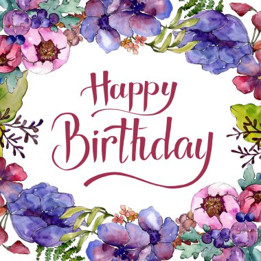 Mavi mor buket çiçek botanik çiçekler. Vahşi bahar yaprak izole kır çiçeği. Suluboya arka plan illüstrasyon küme. Suluboya çizim moda aquarelle. Çerçeve kenarlığı süsleme Meydanı.