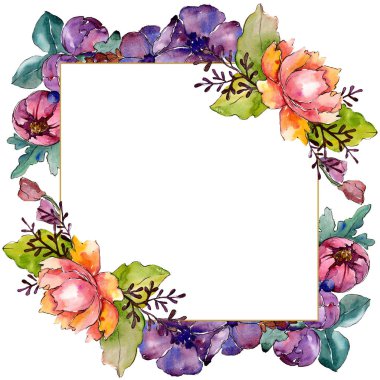 Mavi mor buket çiçek botanik çiçekler. Vahşi bahar yaprak izole kır çiçeği. Suluboya arka plan illüstrasyon küme. Suluboya çizim moda aquarelle. Çerçeve kenarlığı süsleme Meydanı.