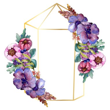 Mavi mor buket çiçek botanik çiçekler. Vahşi bahar yaprak izole kır çiçeği. Suluboya arka plan illüstrasyon küme. Suluboya çizim moda aquarelle. Çerçeve kenarlığı süsleme Meydanı.