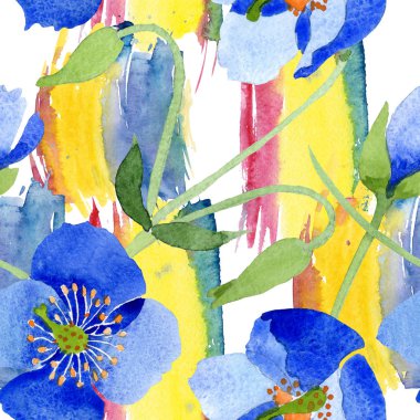 Mavi Haşhaş botanik çiçek. Vahşi bahar yaprak izole kır çiçeği. Suluboya resim kümesi. Suluboya çizim moda aquarelle. Sorunsuz arka plan deseni. Kumaş duvar kağıdı yazdırma doku.